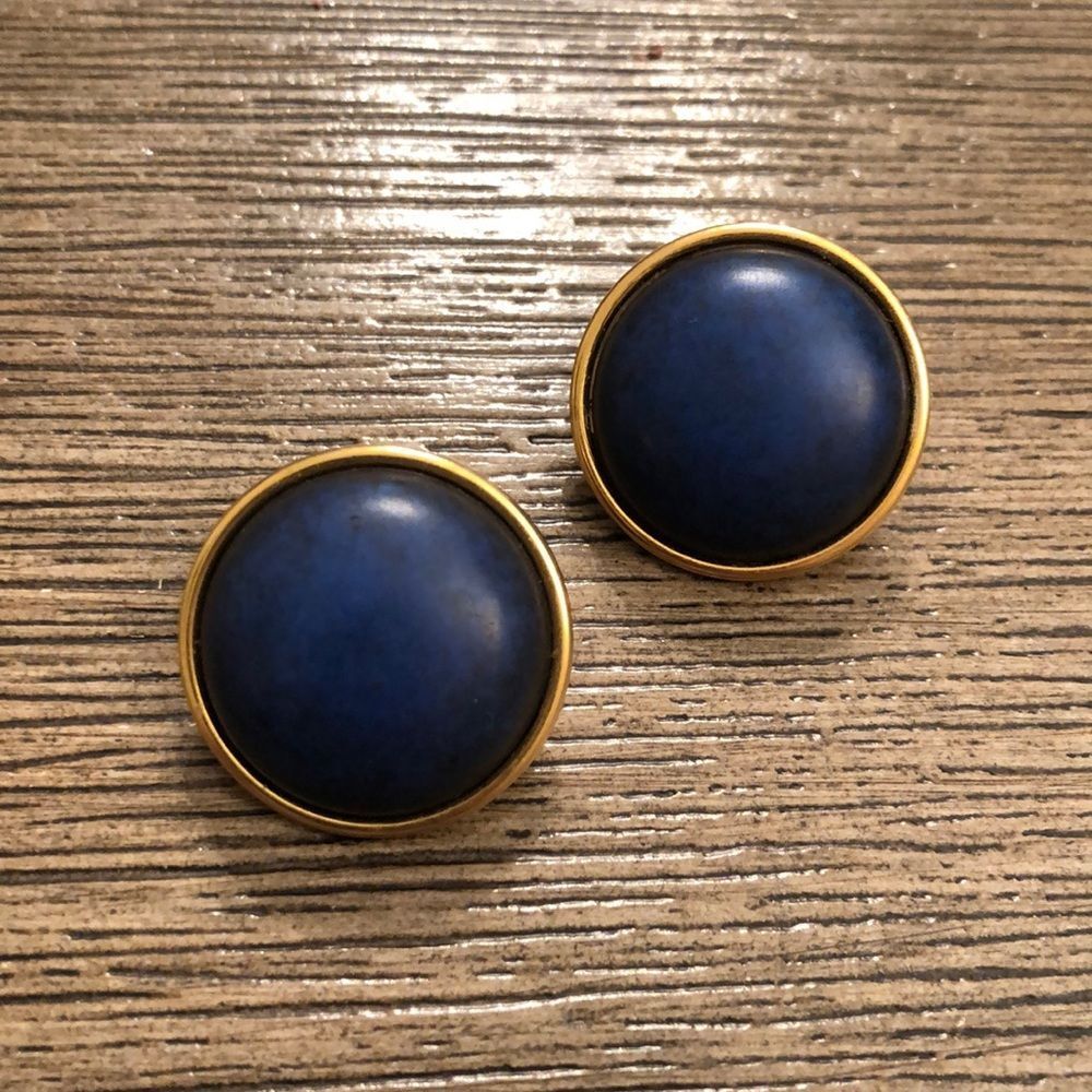 Vintage Round Primary Blue Button Earrings Goldtone Frame
